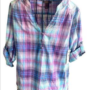 BIT & BRIDLE Womens Henley Purple Blue Plaid 3/4 Sleeve Notch Neck Size Small